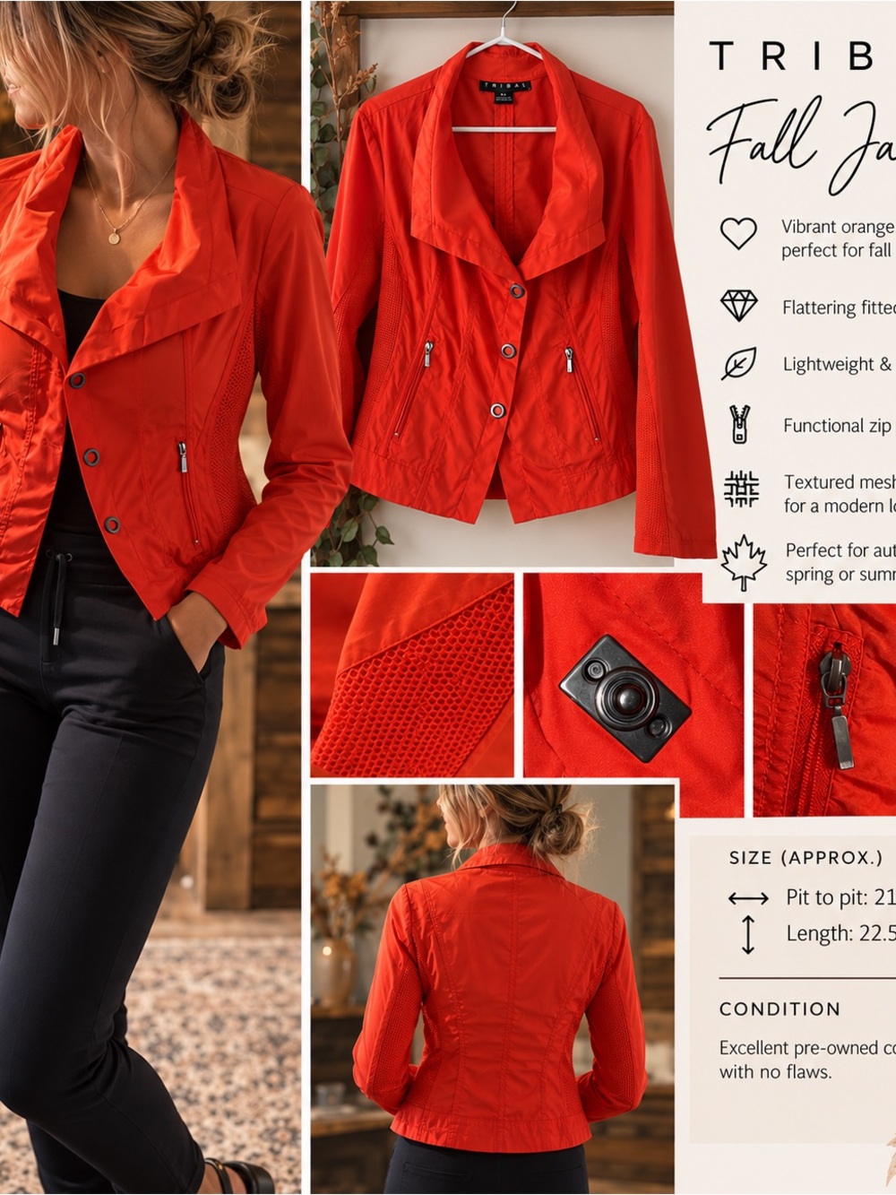 Tribal Vibrant Orange Fall / Autumn Jacket – Fitted Lightweight – P/L 🍁